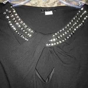 Black 3/4 sleeve knit top w/ embellished neckline